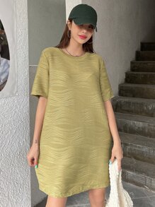 DAZY Solid Round Neck Tunic Dress - Olive Green - View 8