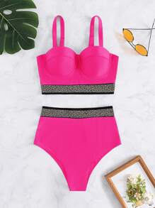 Rhinestone Detail Push Up Bikini - Hot Pink - View 5