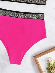 Rhinestone Detail Push Up Bikini - Hot Pink - View 4