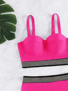 Rhinestone Detail Push Up Bikini - Hot Pink - View 6