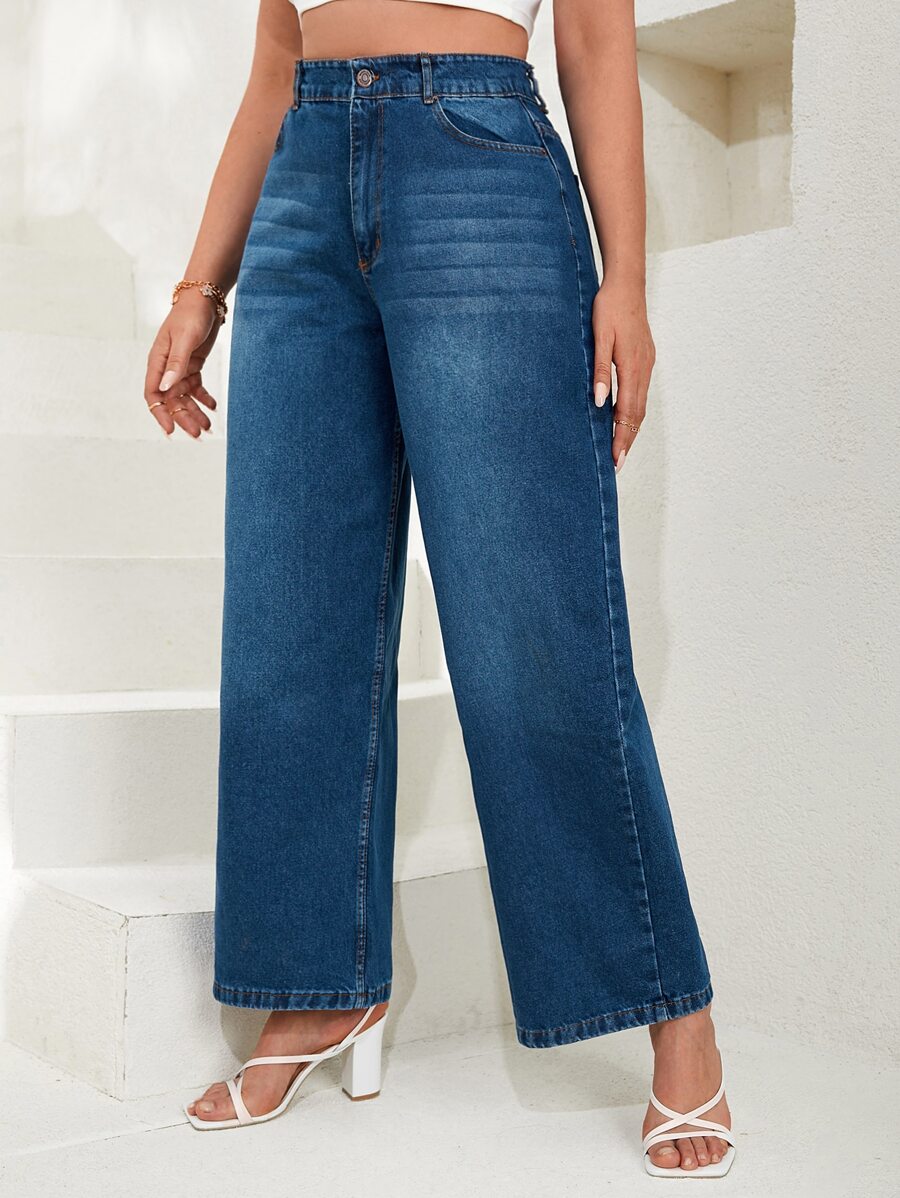 RueChic Plus Size  Cat's Whisker Washed Wide Leg Jeans - Dark Wash - View 1