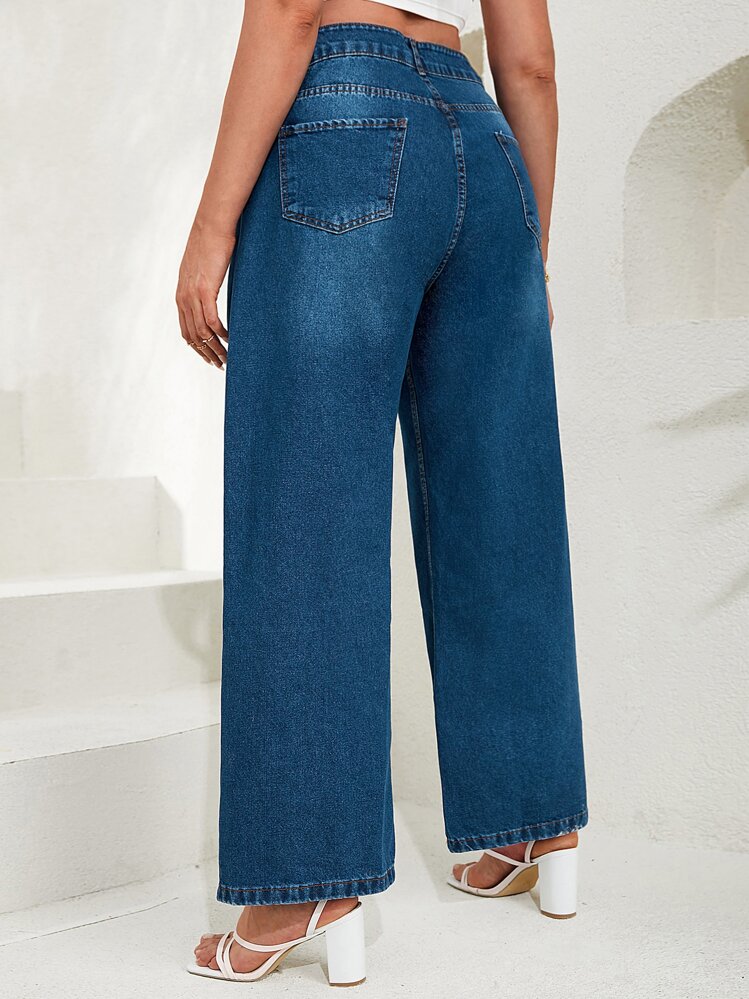 RueChic Pantalones vaqueros de pierna ancha de lavado con bigote de gato de talla grande - Azul lavado oscuro - Añade 2