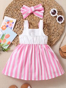 Baby Cartoon & Striped Print 3D Ear Design Cami Dress - Pink - View 2
