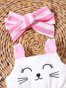 Baby Cartoon & Striped Print 3D Ear Design Cami Dress - Pink - View 4