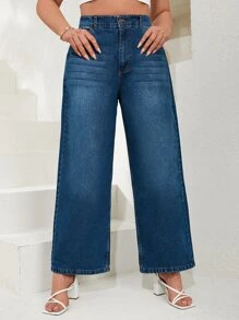 RueChic Plus Size  Cat's Whisker Washed Wide Leg Jeans - Dark Wash - View 5