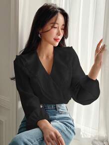 DAZY 荷叶边灯笼袖衬衫长袖上衣 - 黑色 - 查看 1