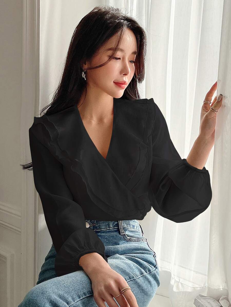 DAZY 荷叶边灯笼袖衬衫长袖上衣 - 黑色 - 查看 1
