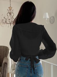 DAZY 荷叶边灯笼袖衬衫长袖上衣 - 黑色 - 查看 2