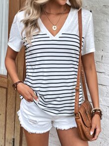 SHEIN LUNE 條紋印花V領T恤 - 白色 - 查看 4