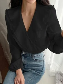 DAZY 荷叶边灯笼袖衬衫长袖上衣 - 黑色 - 查看 4