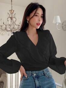 DAZY 荷叶边灯笼袖衬衫长袖上衣 - 黑色 - 查看 5