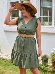 SHEIN LUNE Plus Ruffle Hem Smock Dress - Army Green - View 4