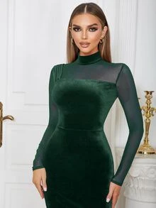 Đầm Tương phản Mesh Tách cao màu trơn Thanh lịch - Màu xanh lá cây đậm - Xem 6