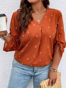 SHEIN LUNE Plus Bird Print Roll Tab Sleeve Blouse - Rust Brown - View 1