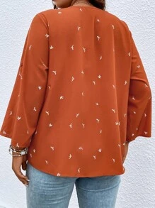SHEIN LUNE Plus Bird Print Roll Tab Sleeve Blouse - Rust Brown - View 2