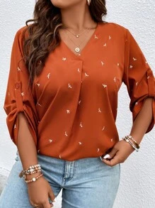SHEIN LUNE Plus Bird Print Roll Tab Sleeve Blouse - Rust Brown - View 3