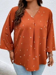 SHEIN LUNE Plus Bird Print Roll Tab Sleeve Blouse - Rust Brown - View 5
