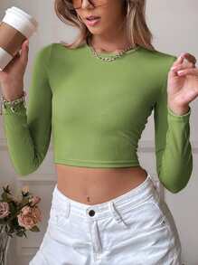 Solid Crop Slim Fit Blouse - Green - View 1