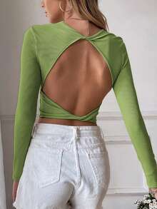 Solid Crop Slim Fit Blouse - Green - View 2