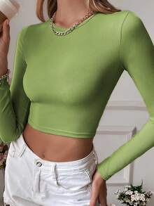 Solid Crop Slim Fit Blouse - Green - View 3