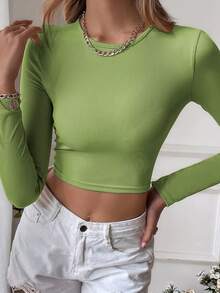 Solid Crop Slim Fit Blouse - Green - View 4