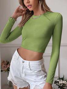 Solid Crop Slim Fit Blouse - Green - View 5