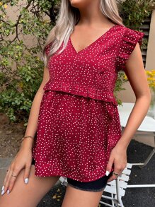 SHEIN Maternidad Blusa peplum con estampado de lunares ribete con fruncido - Burdeos - Ver 4