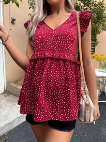 SHEIN Maternidad Blusa peplum con estampado de lunares ribete con fruncido - Burdeos - Ver 5