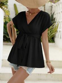 SHEIN 孕婦交疊領蝙蝠袖腰帶襯衫