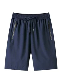 Manfinity Homme Loose Fit Men's Zip Pocket Drawstring Waist Shorts - Navy Blue - View 2