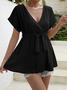 SHEIN 孕婦交疊領蝙蝠袖腰帶襯衫