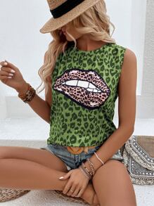 SHEIN LUNE Leopard & Lip Print Tank Top - Green - View 1