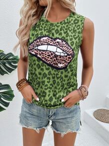 SHEIN LUNE Leopard & Lip Print Tank Top - Green - View 3