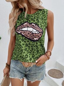 SHEIN LUNE Leopard & Lip Print Tank Top - Green - View 4