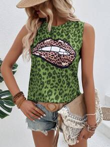 SHEIN LUNE Leopard & Lip Print Tank Top - Green - View 5