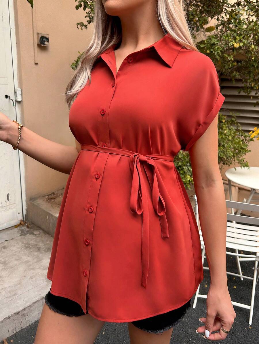 SHEIN 孕婦蝙蝠袖腰帶襯衫