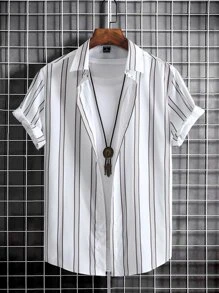 Manfinity Homme 男士條紋印花襯衫不帶T恤 - 白色 - 查看 1