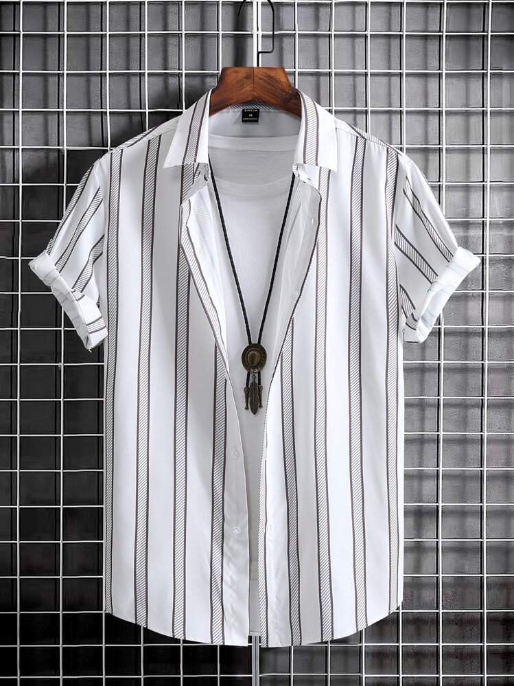 Manfinity Homme 男士條紋印花襯衫不帶T恤 - 白色 - 查看 1