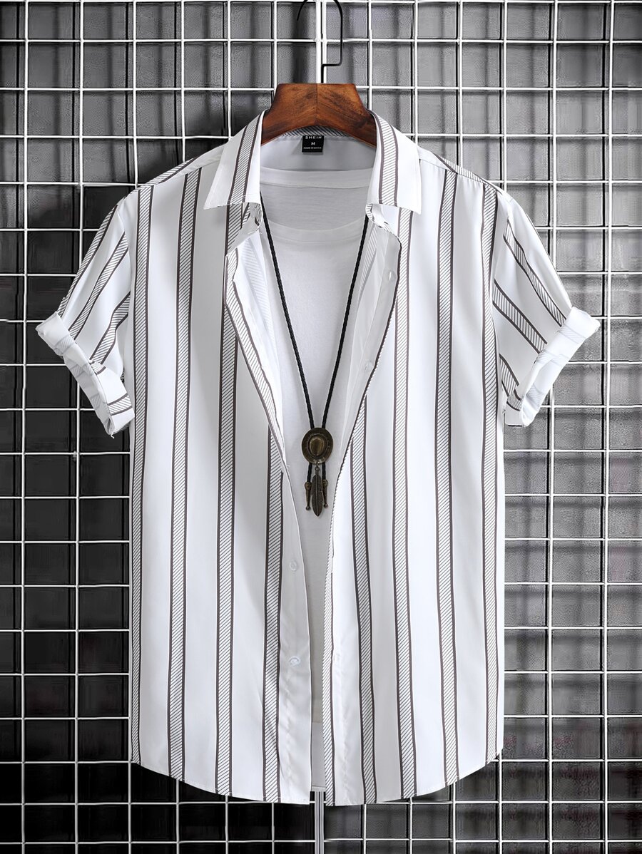 Manfinity Homme 男士條紋印花襯衫不帶T恤 - 白色 - 查看 1