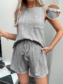 SHEIN Umstandsmode Flicken, Tasche, Tank Top mit & verstellbarer Taille, Band vorne, Shorts mit