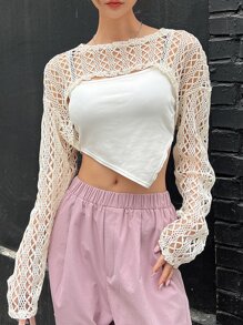 DAZY 1入組鏤空落肩袖短款上衣不附吊帶上衣 - 米色 - 查看 1