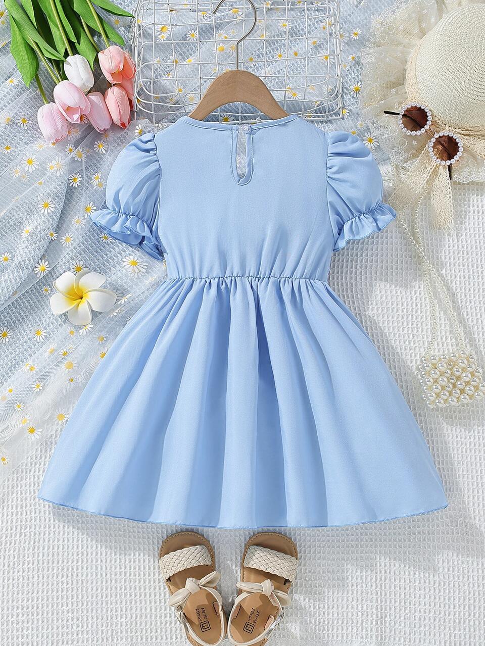 Young Girl Shirred Peter Pan Collar Puff Sleeve Dress