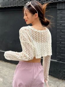 DAZY 1入組鏤空落肩袖短款上衣不附吊帶上衣 - 米色 - 查看 2