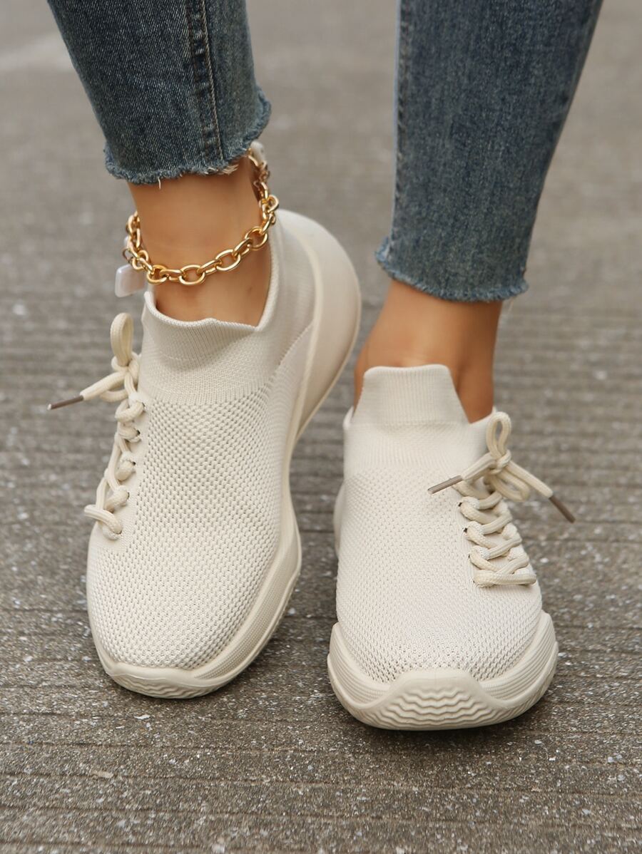 Sporty Beige Running Shoes For Women, Lace Up Design Patch Decor