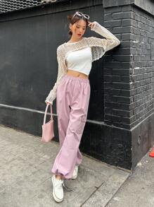 DAZY 1入組鏤空落肩袖短款上衣不附吊帶上衣 - 米色 - 查看 3