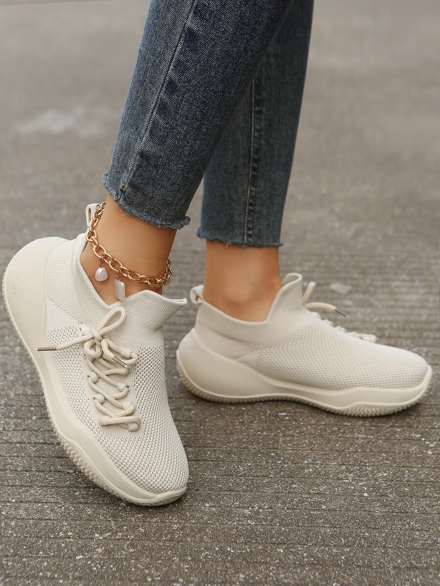 Sporty Beige Running Shoes For Women, Lace Up Design Patch Decor