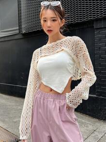 DAZY 1入組鏤空落肩袖短款上衣不附吊帶上衣 - 米色 - 查看 4