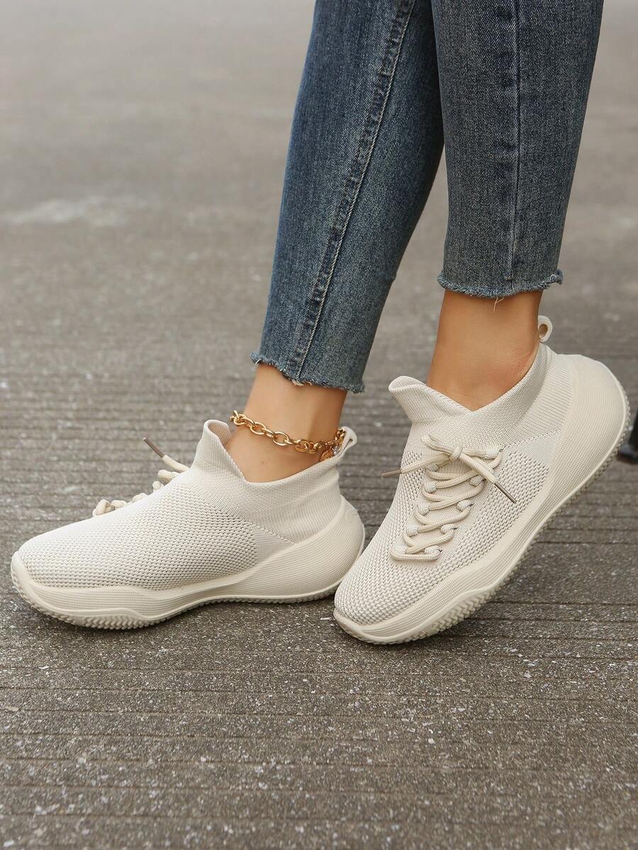 Sporty Beige Running Shoes For Women, Lace Up Design Patch Decor