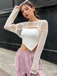 DAZY 1入組鏤空落肩袖短款上衣不附吊帶上衣 - 米色 - 查看 5