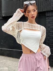 DAZY 1入組鏤空落肩袖短款上衣不附吊帶上衣 - 米色 - 查看 6